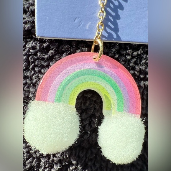 Claire's Gold-tone Pink and White Pom Pom Rainbow Pierced Fish hook Earrings - Picture 5 of 7